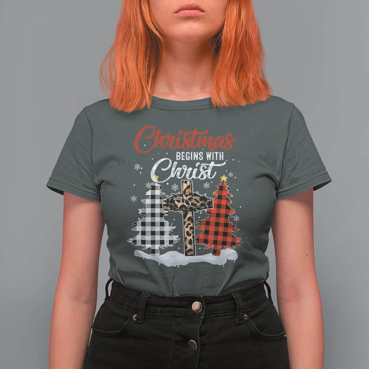 Christmas Begins With Christ T Shirt For Women Leopard Cross Plaid Xmas Tree - Wonder Print Shop