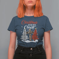 Christmas Begins With Christ T Shirt For Women Leopard Cross Plaid Xmas Tree - Wonder Print Shop