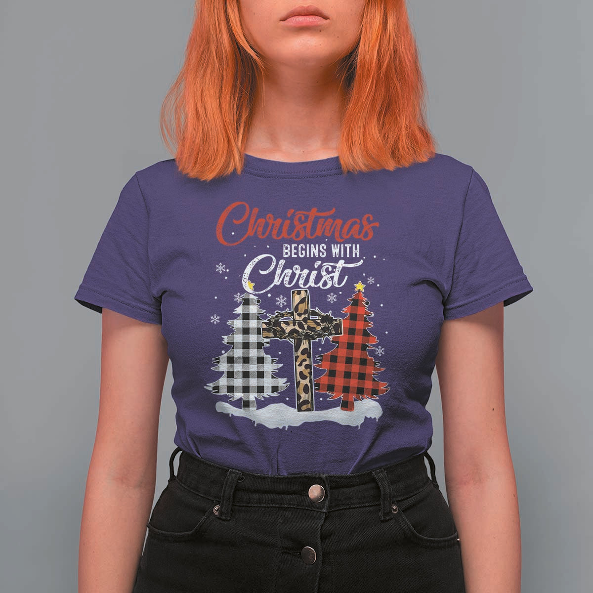 Christmas Begins With Christ T Shirt For Women Leopard Cross Plaid Xmas Tree - Wonder Print Shop