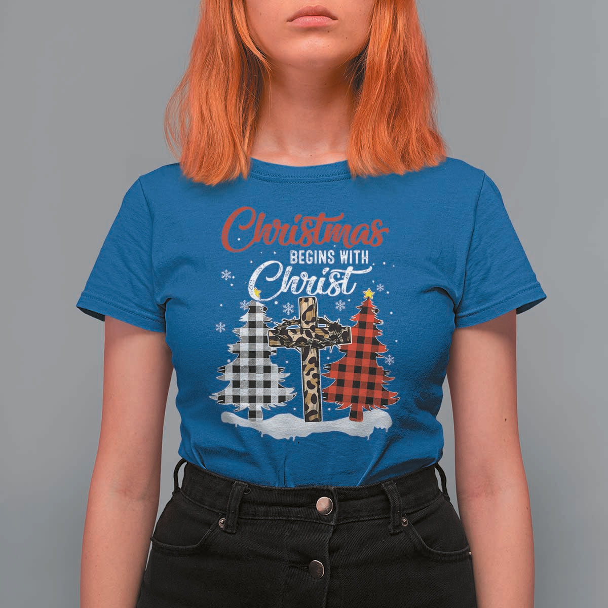 Christmas Begins With Christ T Shirt For Women Leopard Cross Plaid Xmas Tree - Wonder Print Shop