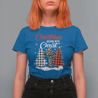 Christmas Begins With Christ T Shirt For Women Leopard Cross Plaid Xmas Tree - Wonder Print Shop