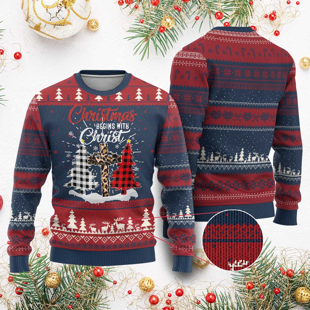 Christmas Begins With Christ Ugly Christmas Sweater Leopard Cross Plaid Xmas Tree - Wonder Print Shop