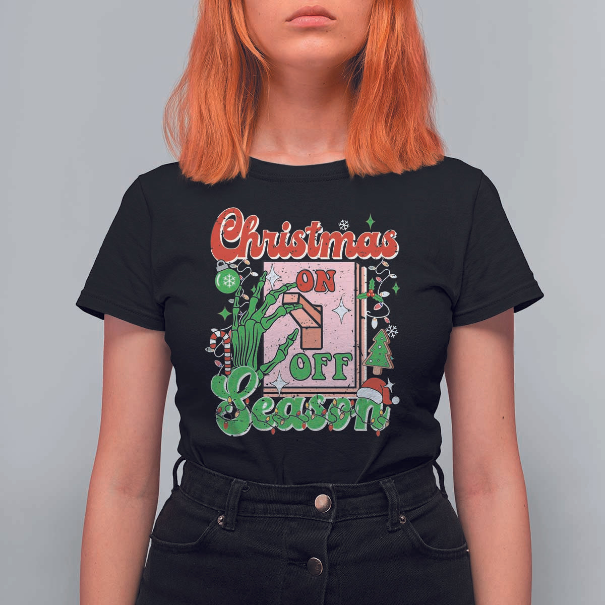Funny Christmas Season T Shirt For Women Switch Red And Green Skeleton Hand - Wonder Print Shop