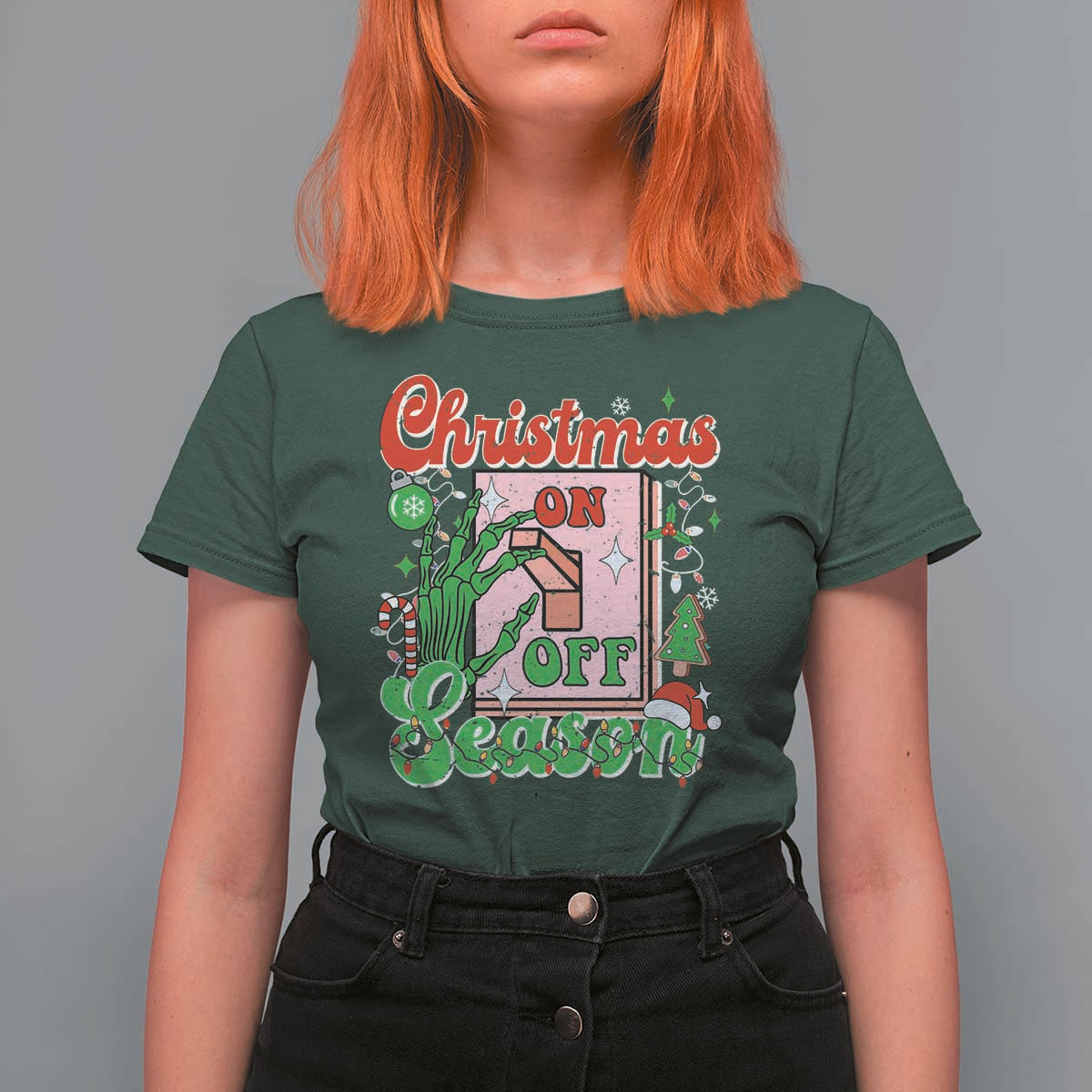 Funny Christmas Season T Shirt For Women Switch Red And Green Skeleton Hand - Wonder Print Shop