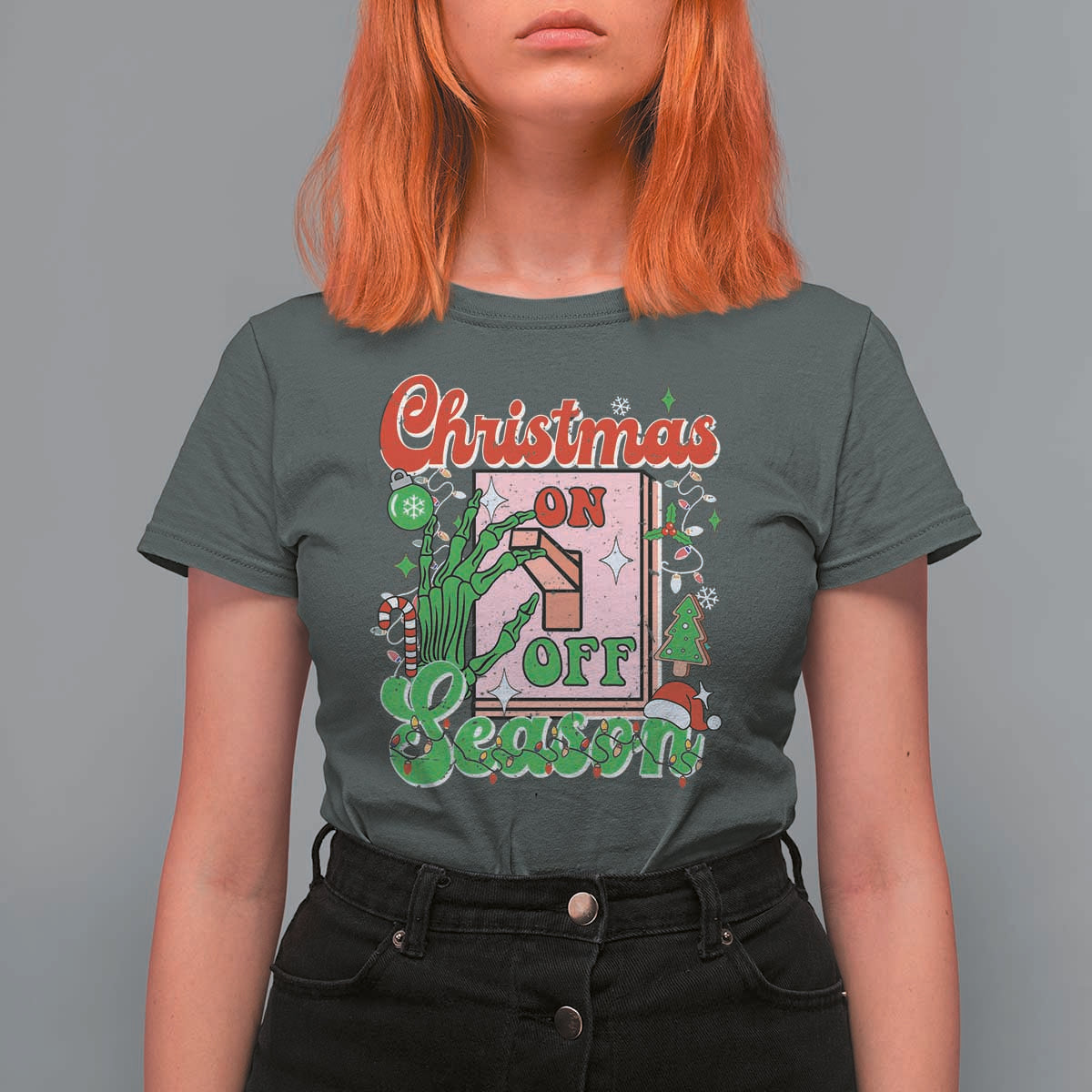 Funny Christmas Season T Shirt For Women Switch Red And Green Skeleton Hand - Wonder Print Shop
