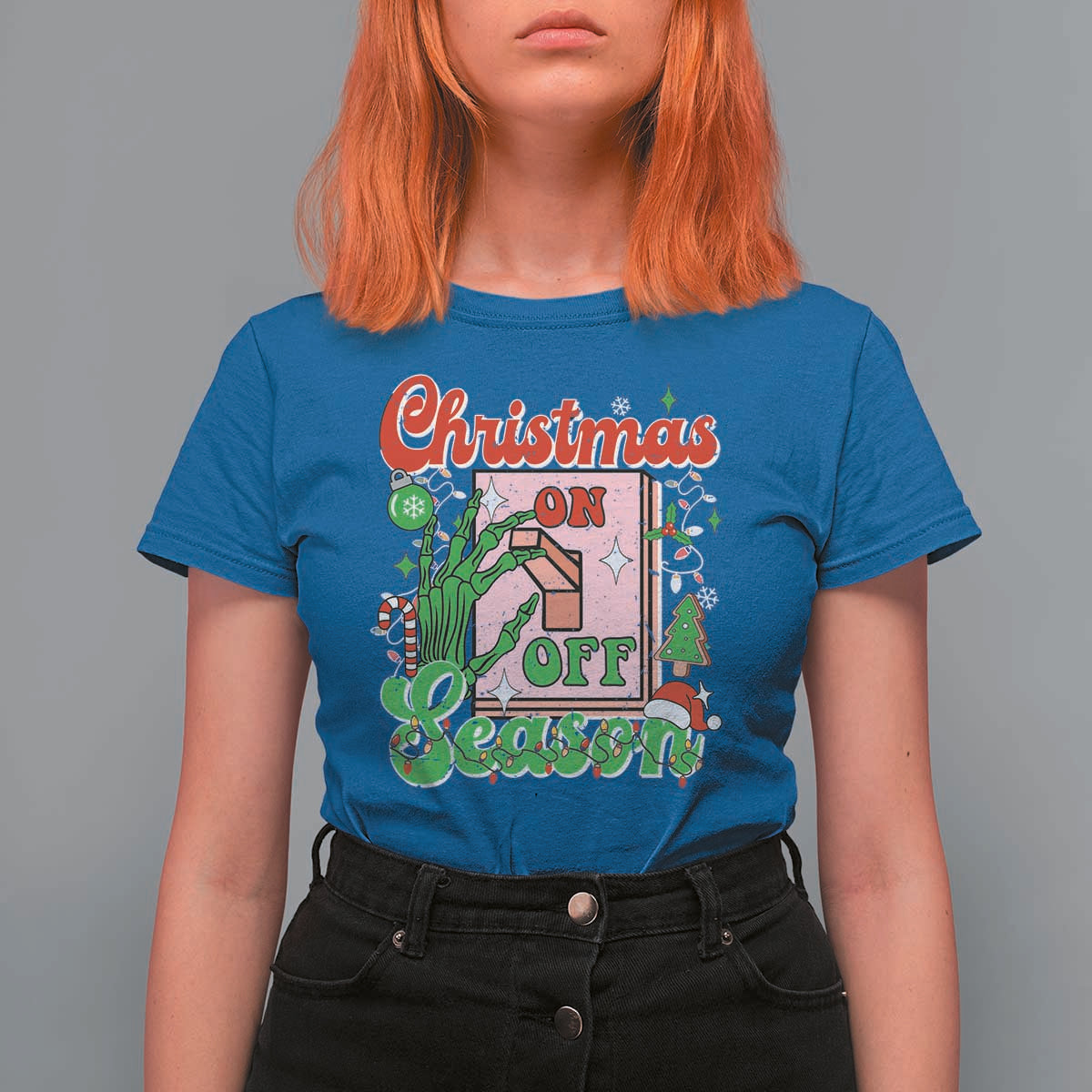Funny Christmas Season T Shirt For Women Switch Red And Green Skeleton Hand - Wonder Print Shop
