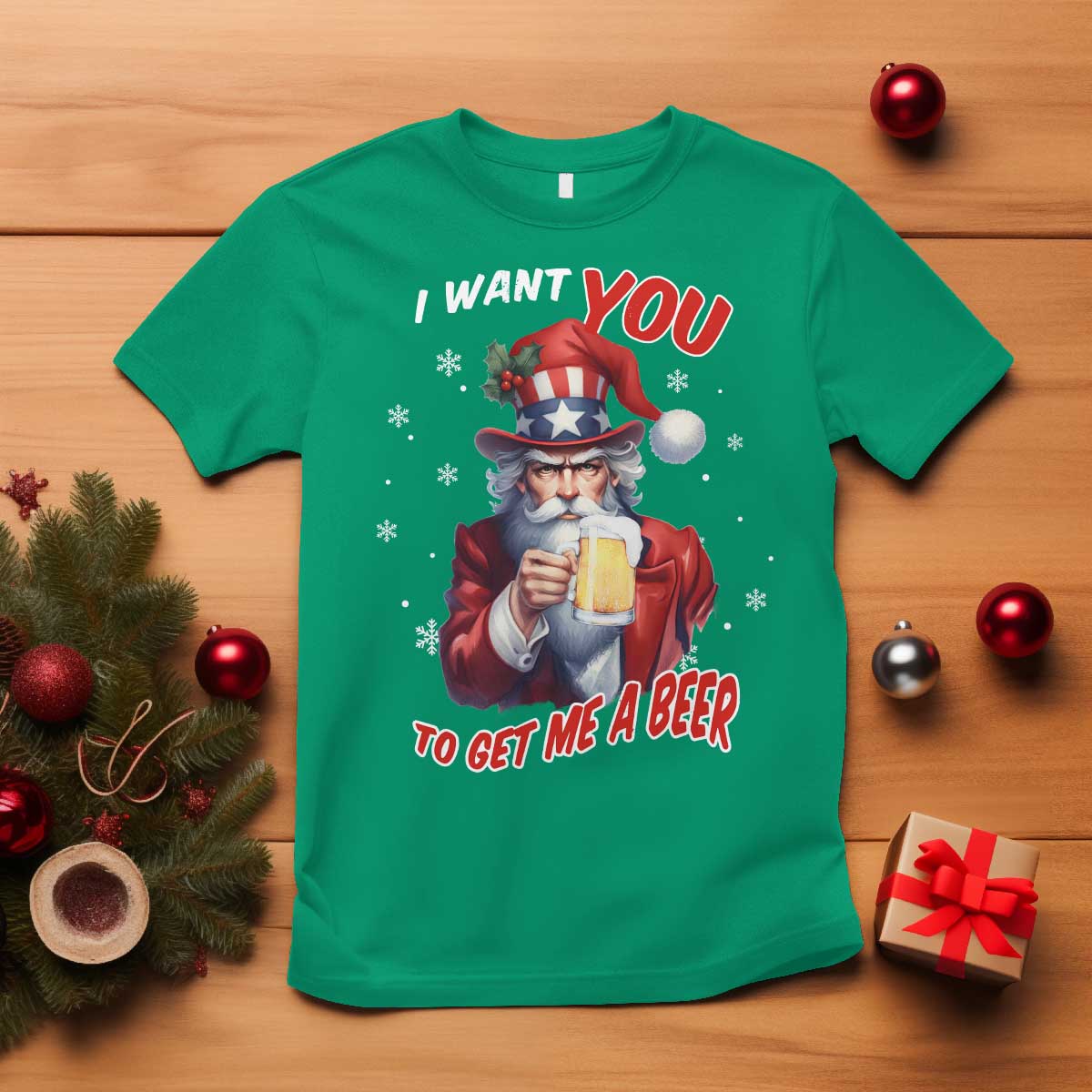 Funny Christmas Beer T Shirt I Want You To Get Me A Beer Santa Uncle Sam - Wonder Print Shop