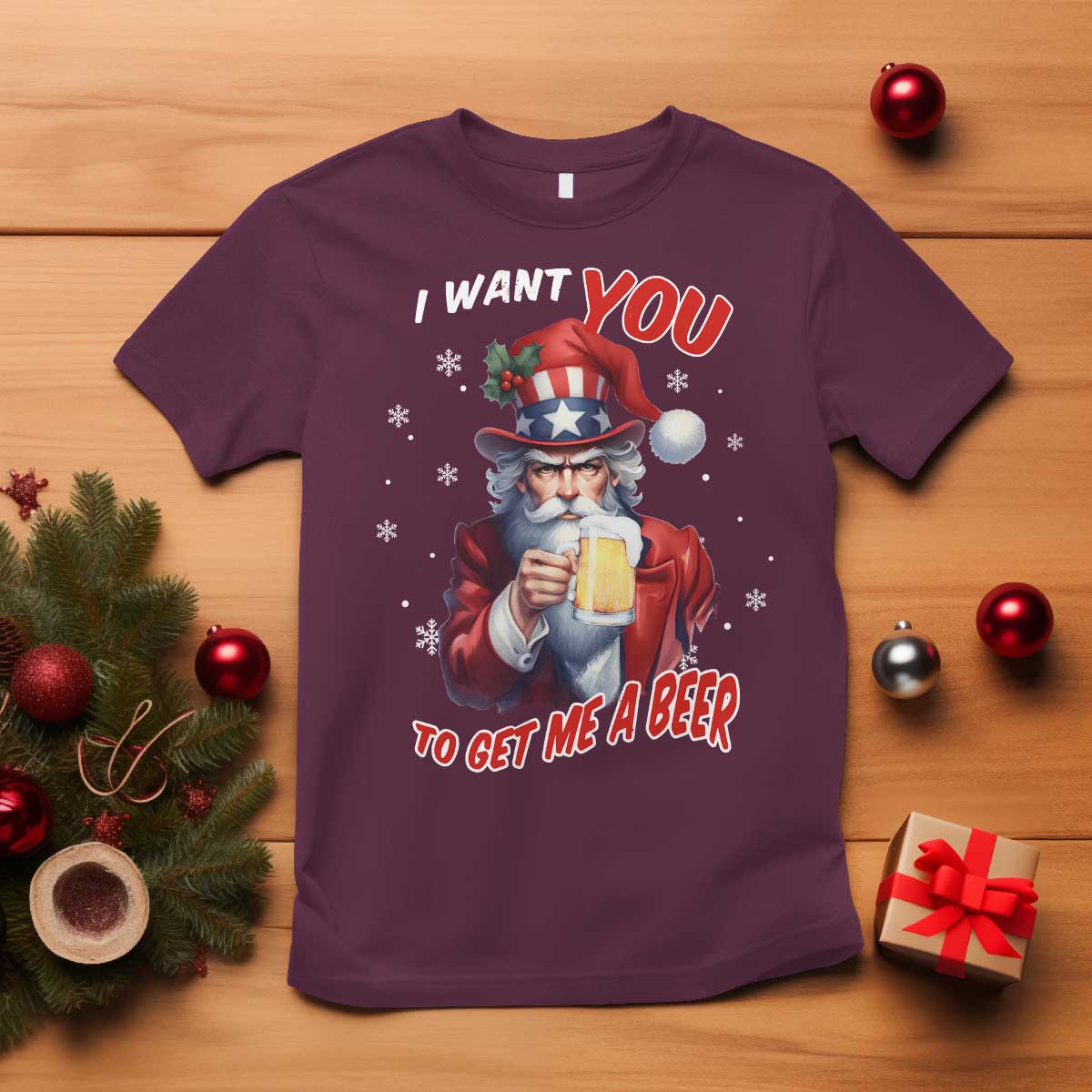 Funny Christmas Beer T Shirt I Want You To Get Me A Beer Santa Uncle Sam - Wonder Print Shop