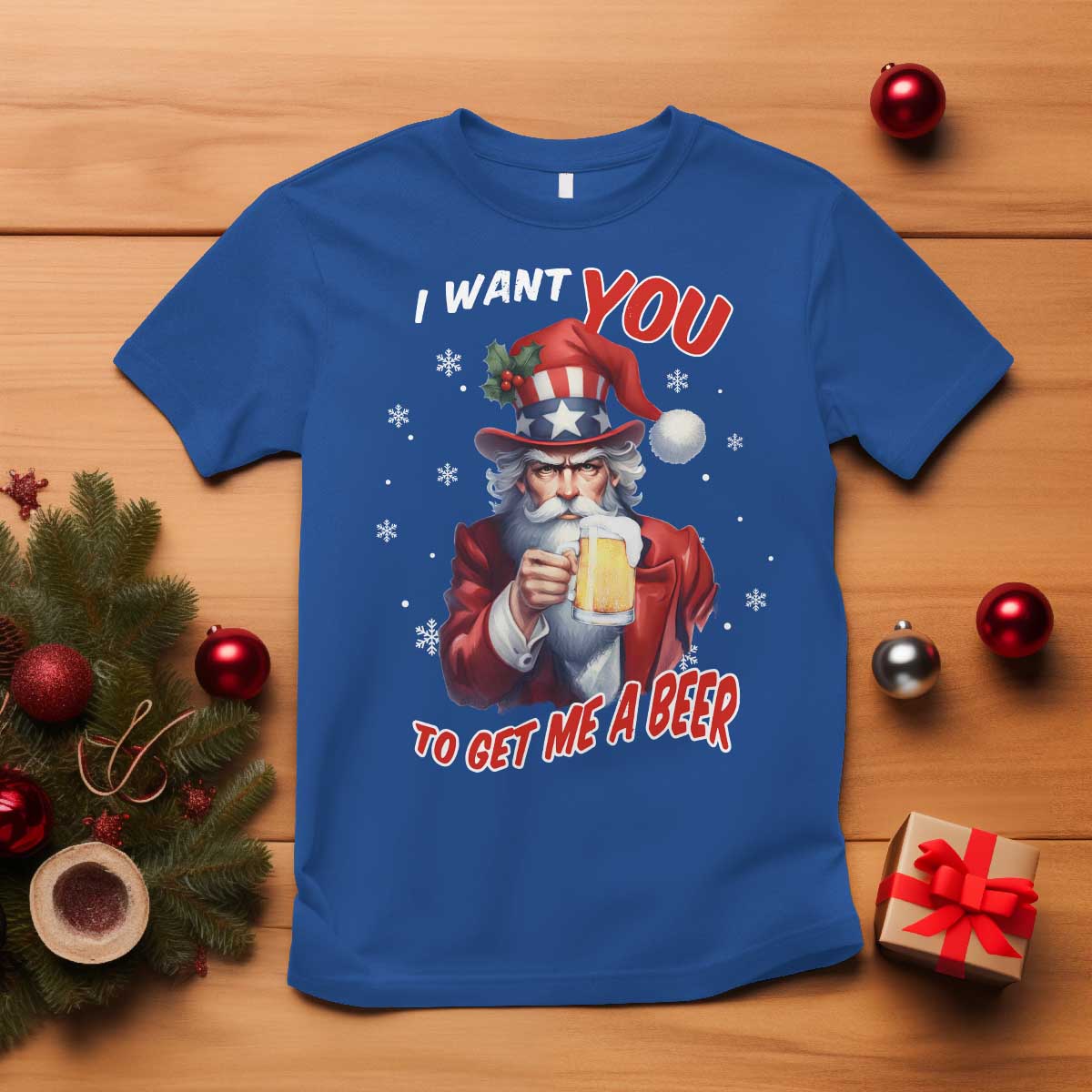 Funny Christmas Beer T Shirt I Want You To Get Me A Beer Santa Uncle Sam - Wonder Print Shop