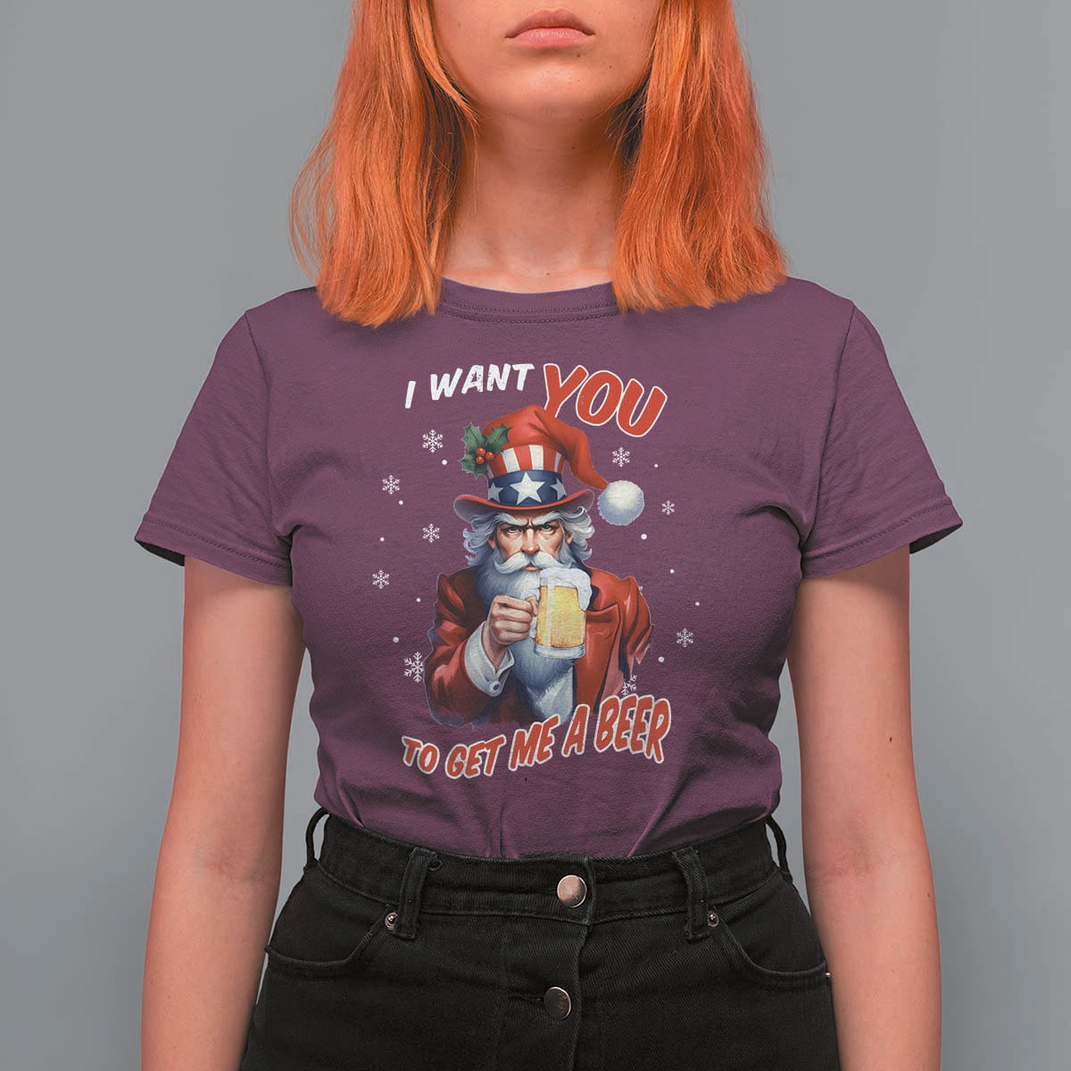 Funny Christmas Beer T Shirt For Women I Want You To Get Me A Beer Santa Uncle Sam - Wonder Print Shop