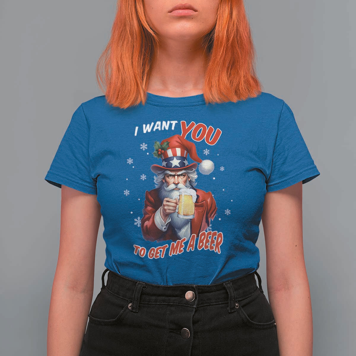 Funny Christmas Beer T Shirt For Women I Want You To Get Me A Beer Santa Uncle Sam - Wonder Print Shop