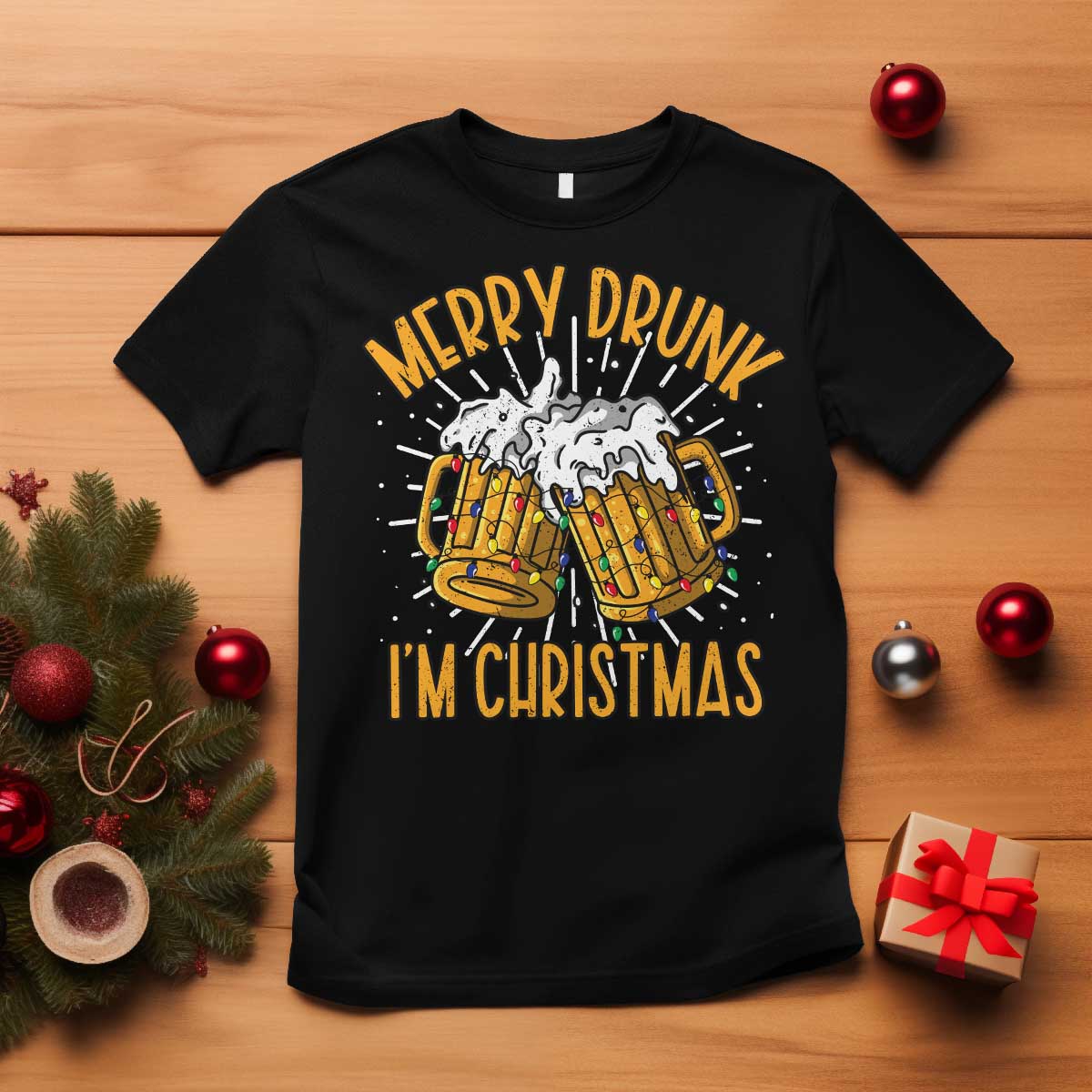 Funny Merry Drunk I'm Christmas T Shirt Vintage Beer Mugs Xmas - Wonder Print Shop