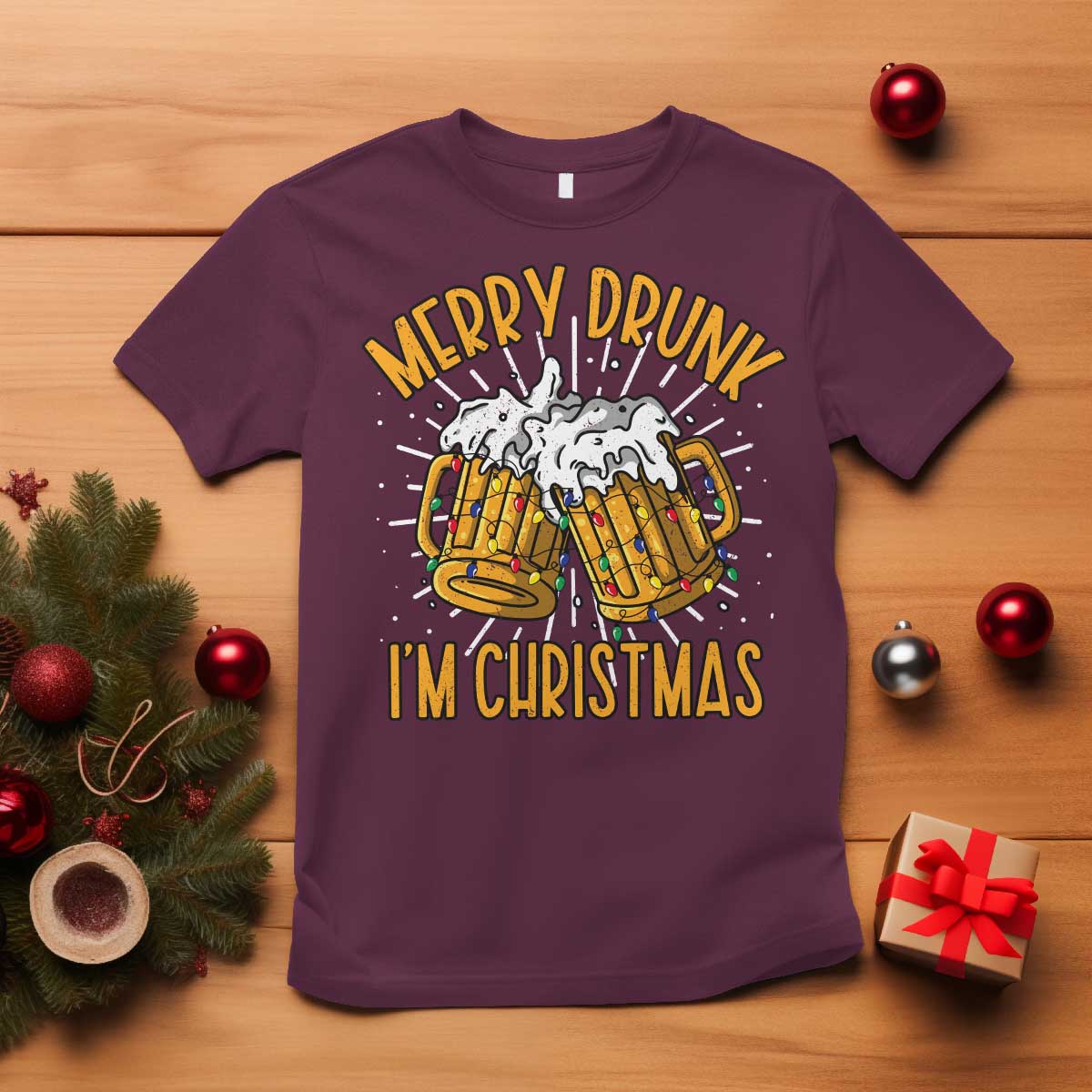 Funny Merry Drunk I'm Christmas T Shirt Vintage Beer Mugs Xmas - Wonder Print Shop