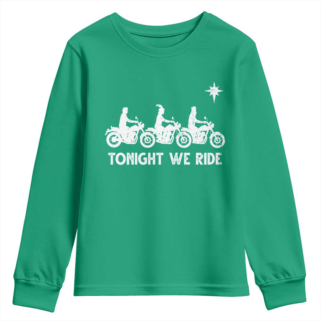 Funny Christmas Christian Biker Youth Sweatshirt Tonight We Ride Three Wise Men Faith Xmas Motorbikes - Wonder Print Shop