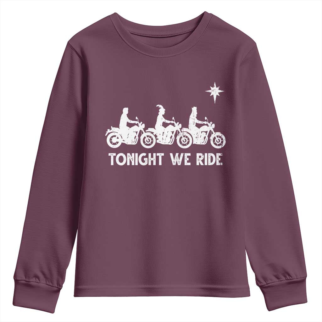 Funny Christmas Christian Biker Youth Sweatshirt Tonight We Ride Three Wise Men Faith Xmas Motorbikes - Wonder Print Shop