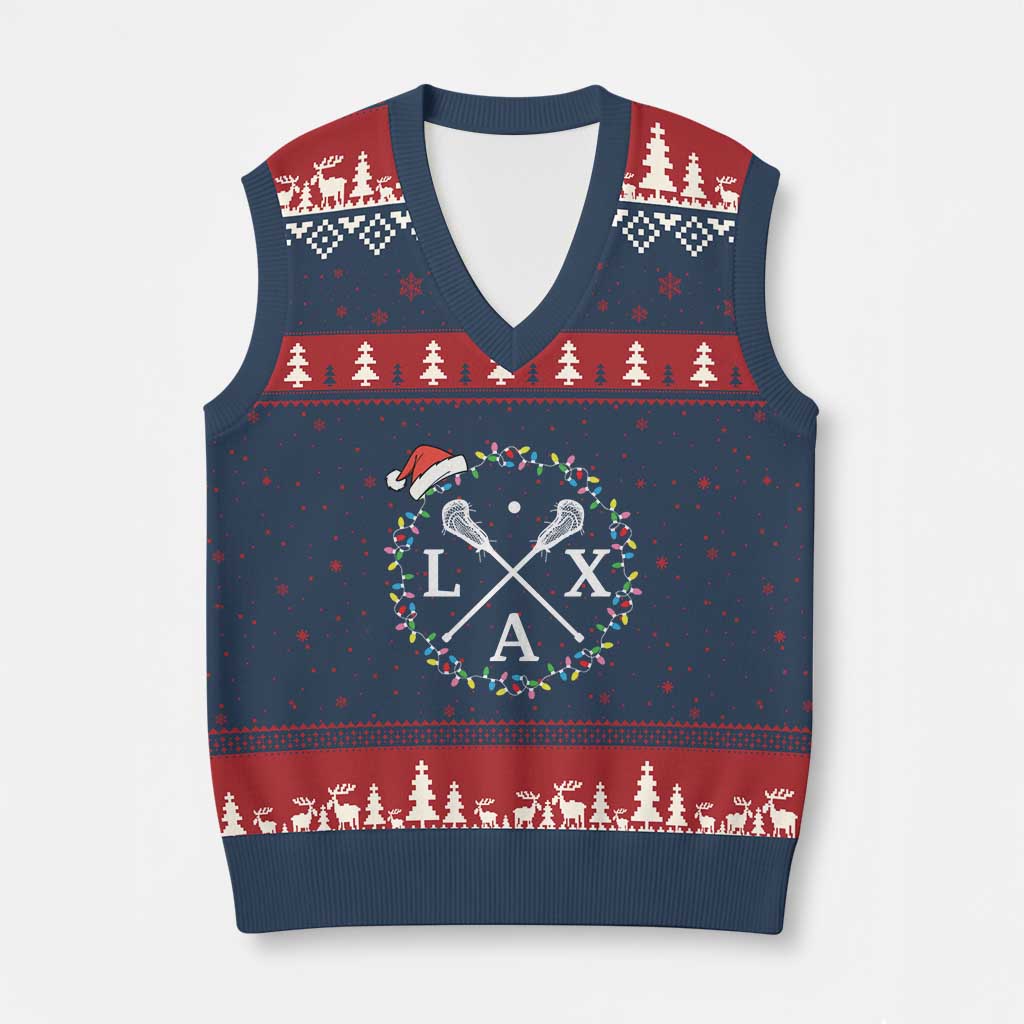 Funny Xmas Lacrosse Lax Stick Santa Hat V-Neck Knit Sweater Vest - Wonder Print Shop