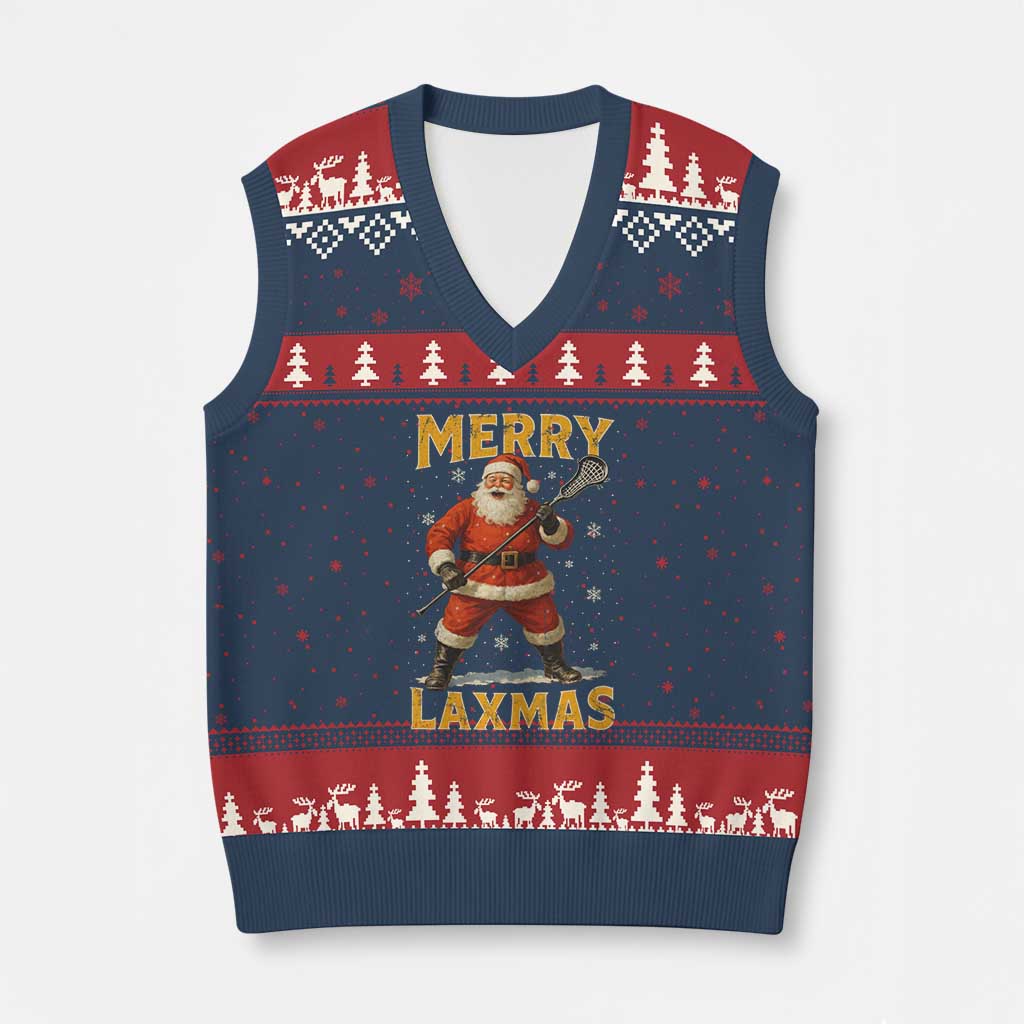 Funny Xmas Lacrosse V-Neck Knit Sweater Vest Merry Laxmas Santa Lax Player - Wonder Print Shop