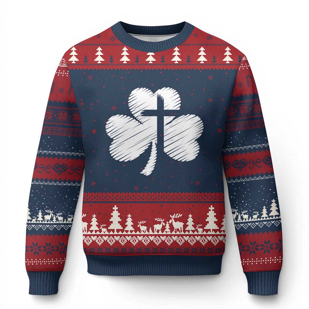 St Patricks Day Christian Religious Shamrock Cross Ugly Christmas Sweater