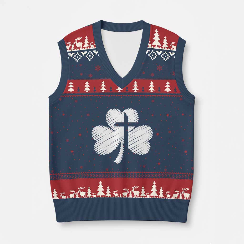 St Patricks Day Christian Religious Shamrock Cross V-Neck Knit Sweater Vest