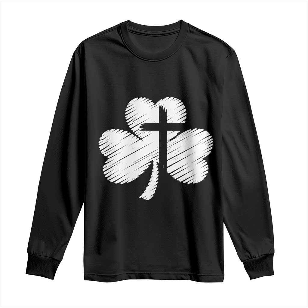 St Patricks Day Christian Religious Shamrock Cross Long Sleeve Shirt