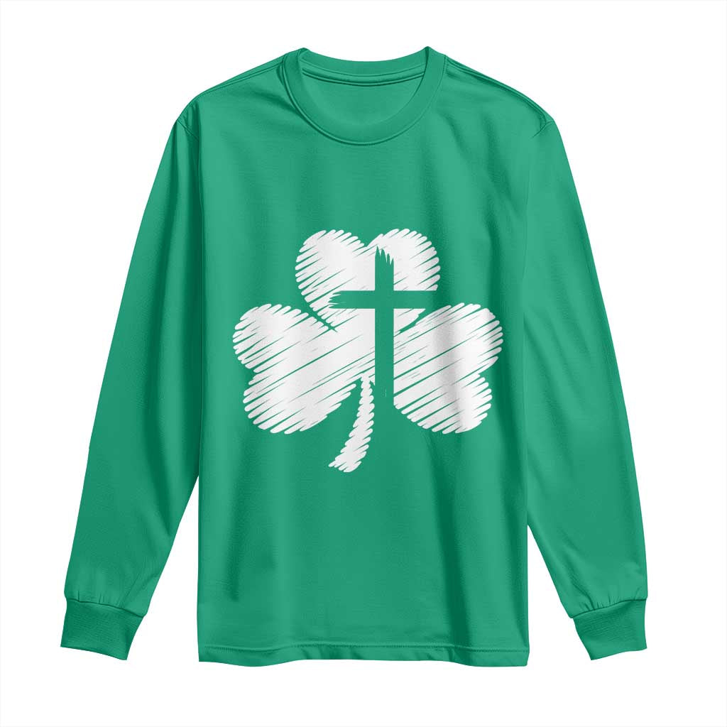 St Patricks Day Christian Religious Shamrock Cross Long Sleeve Shirt