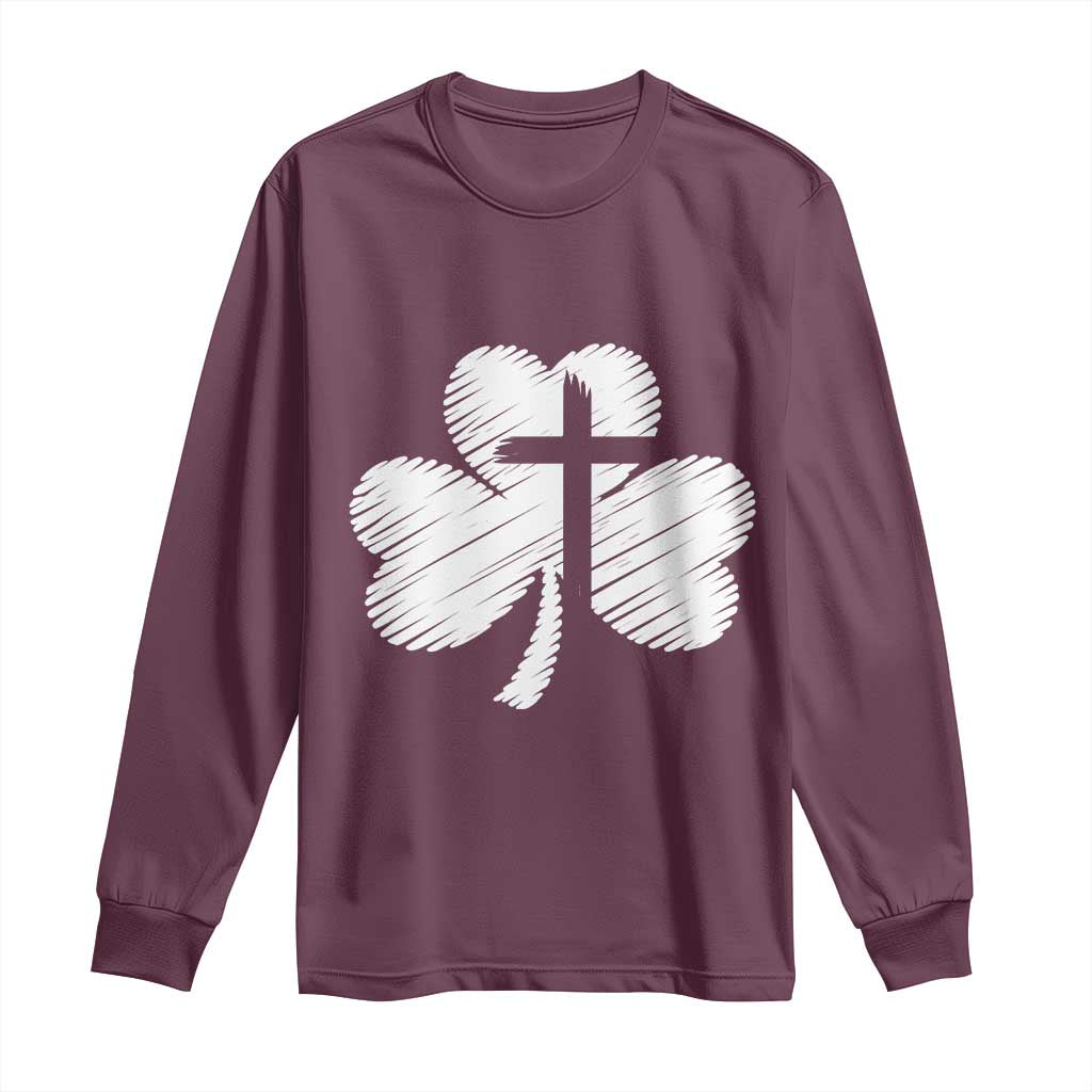 St Patricks Day Christian Religious Shamrock Cross Long Sleeve Shirt
