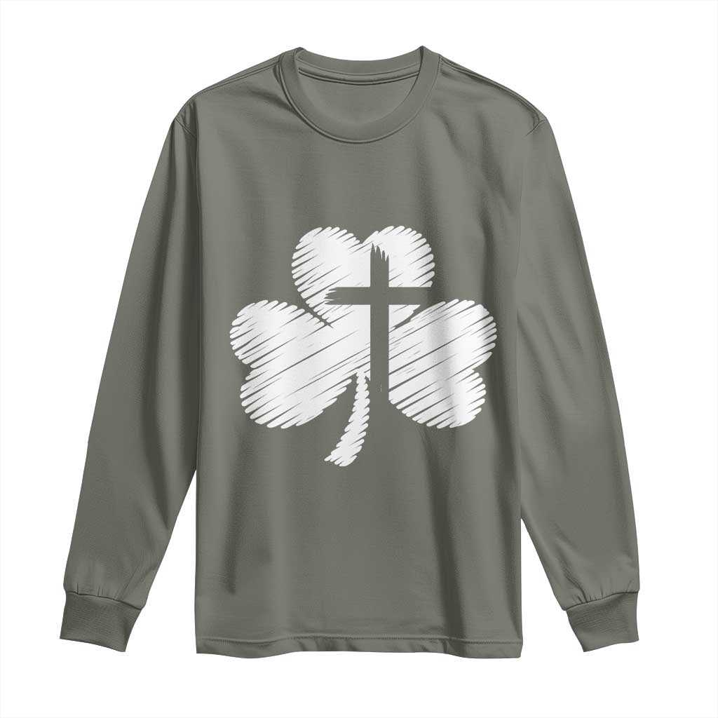 St Patricks Day Christian Religious Shamrock Cross Long Sleeve Shirt