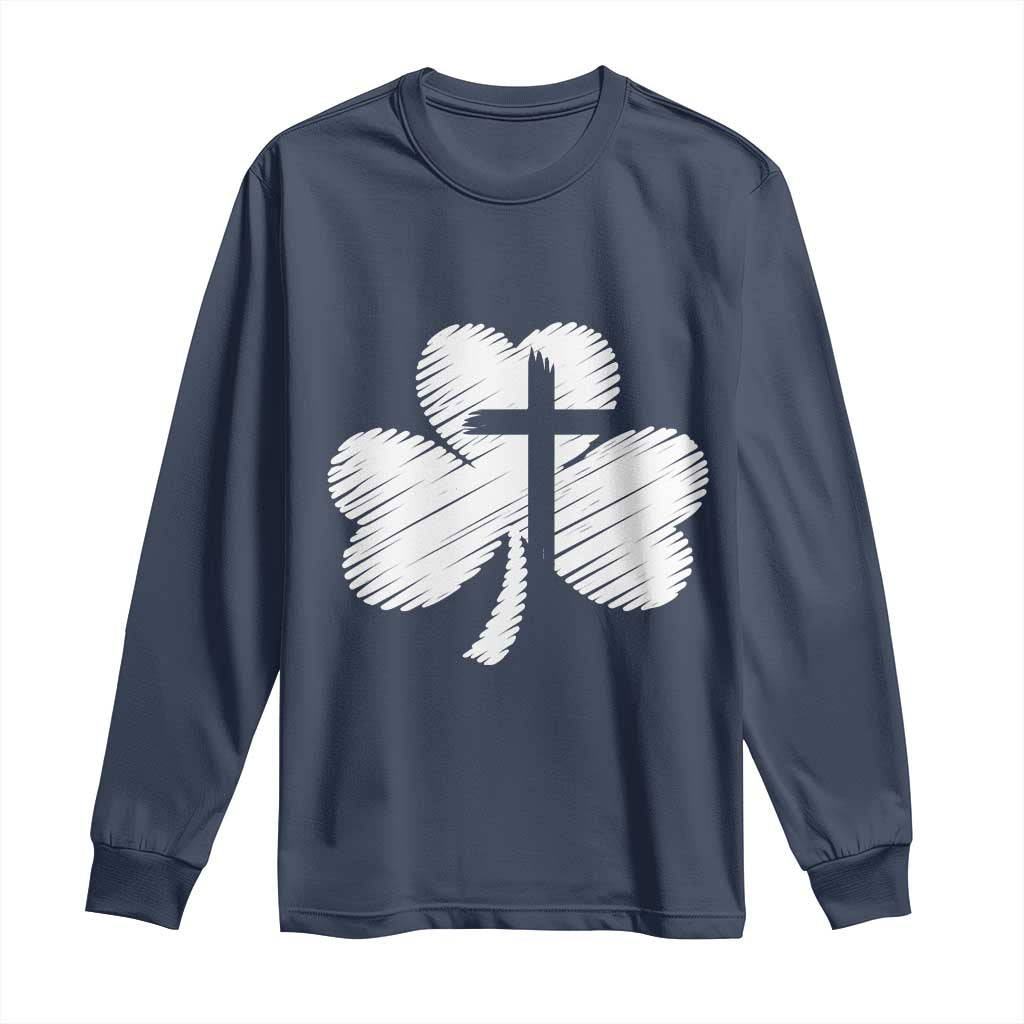 St Patricks Day Christian Religious Shamrock Cross Long Sleeve Shirt