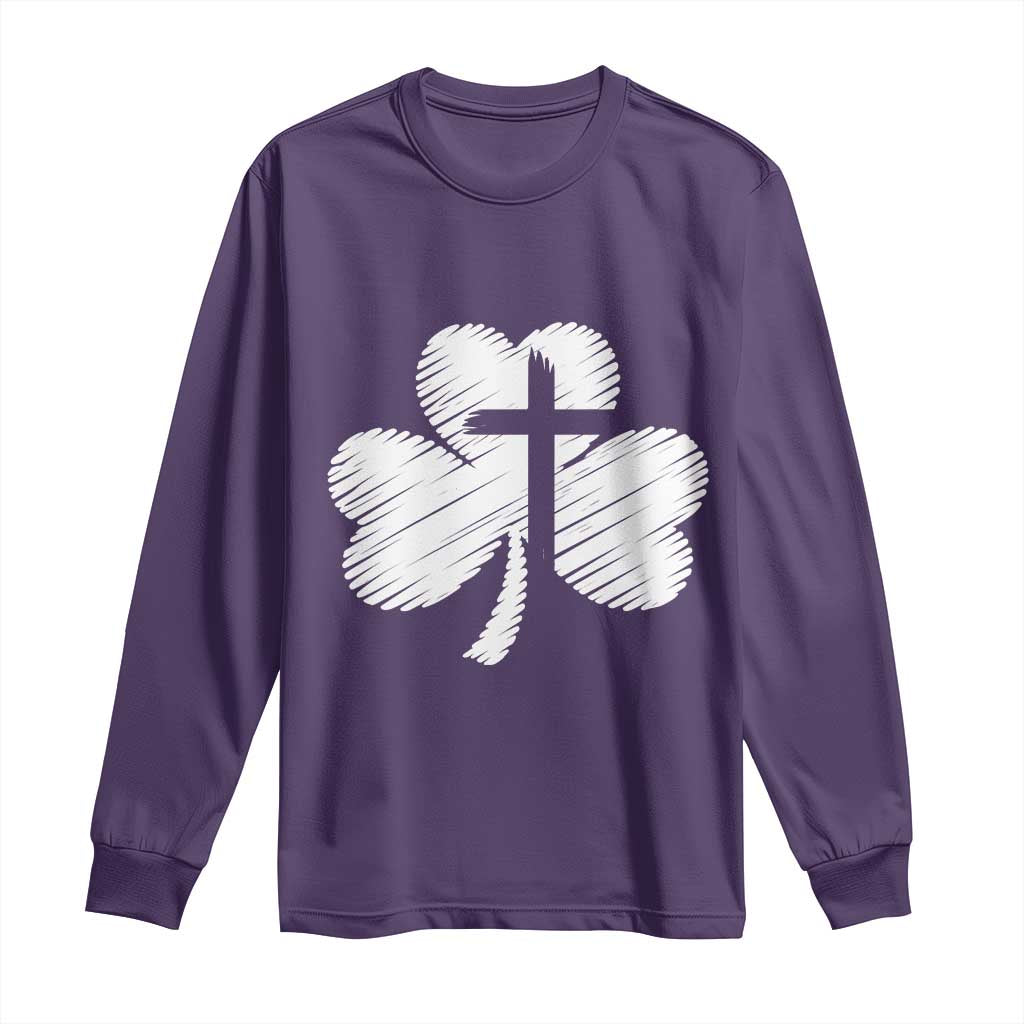 St Patricks Day Christian Religious Shamrock Cross Long Sleeve Shirt