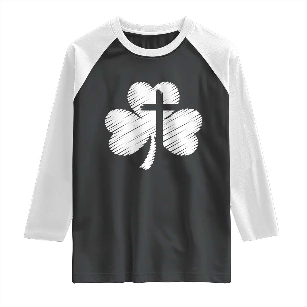 St Patricks Day Christian Religious Shamrock Cross Raglan Shirt