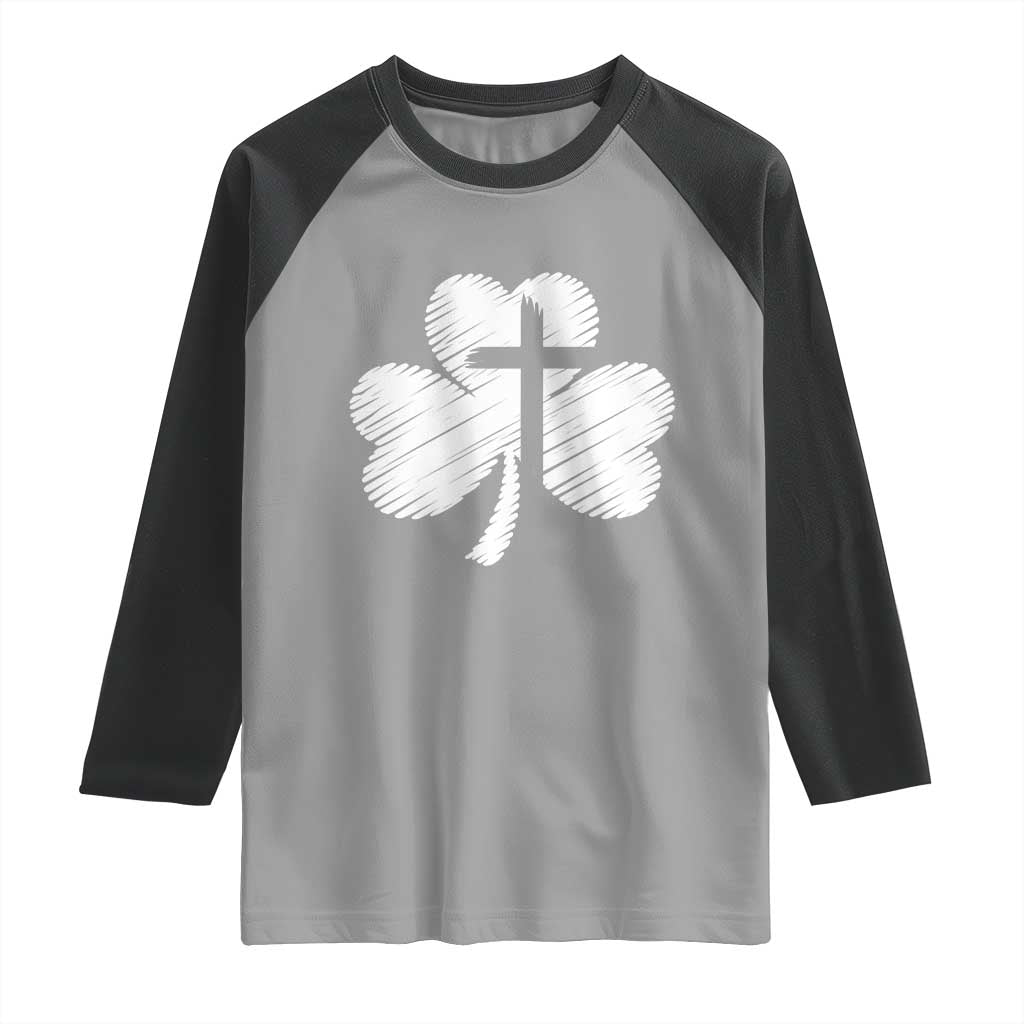 St Patricks Day Christian Religious Shamrock Cross Raglan Shirt