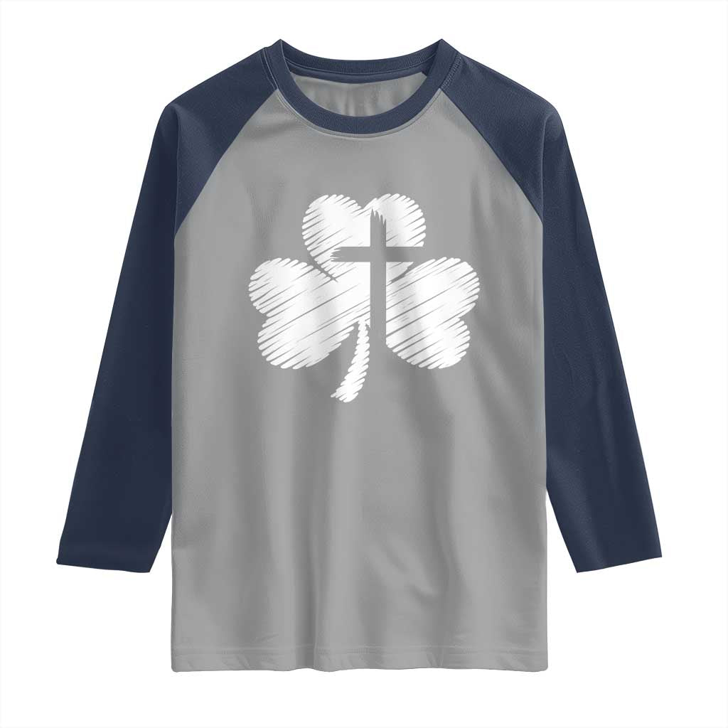 St Patricks Day Christian Religious Shamrock Cross Raglan Shirt