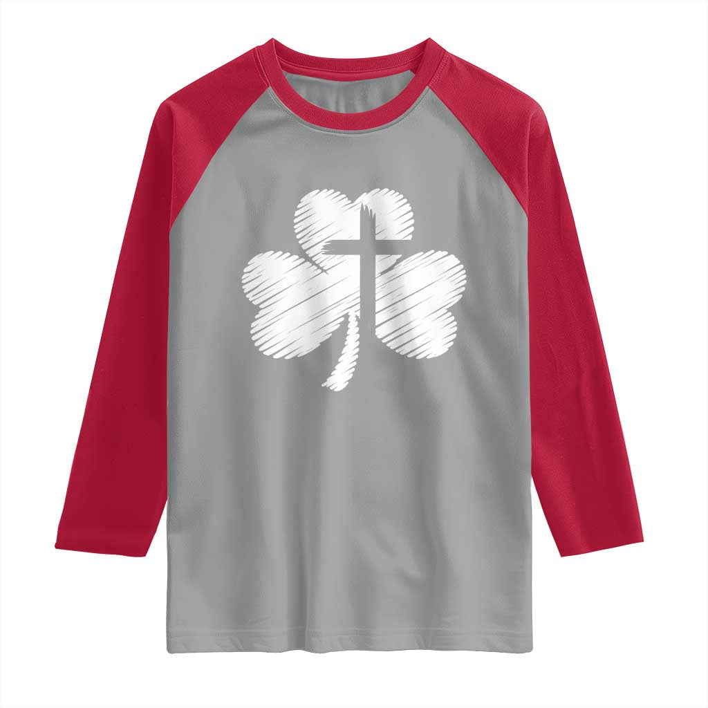 St Patricks Day Christian Religious Shamrock Cross Raglan Shirt