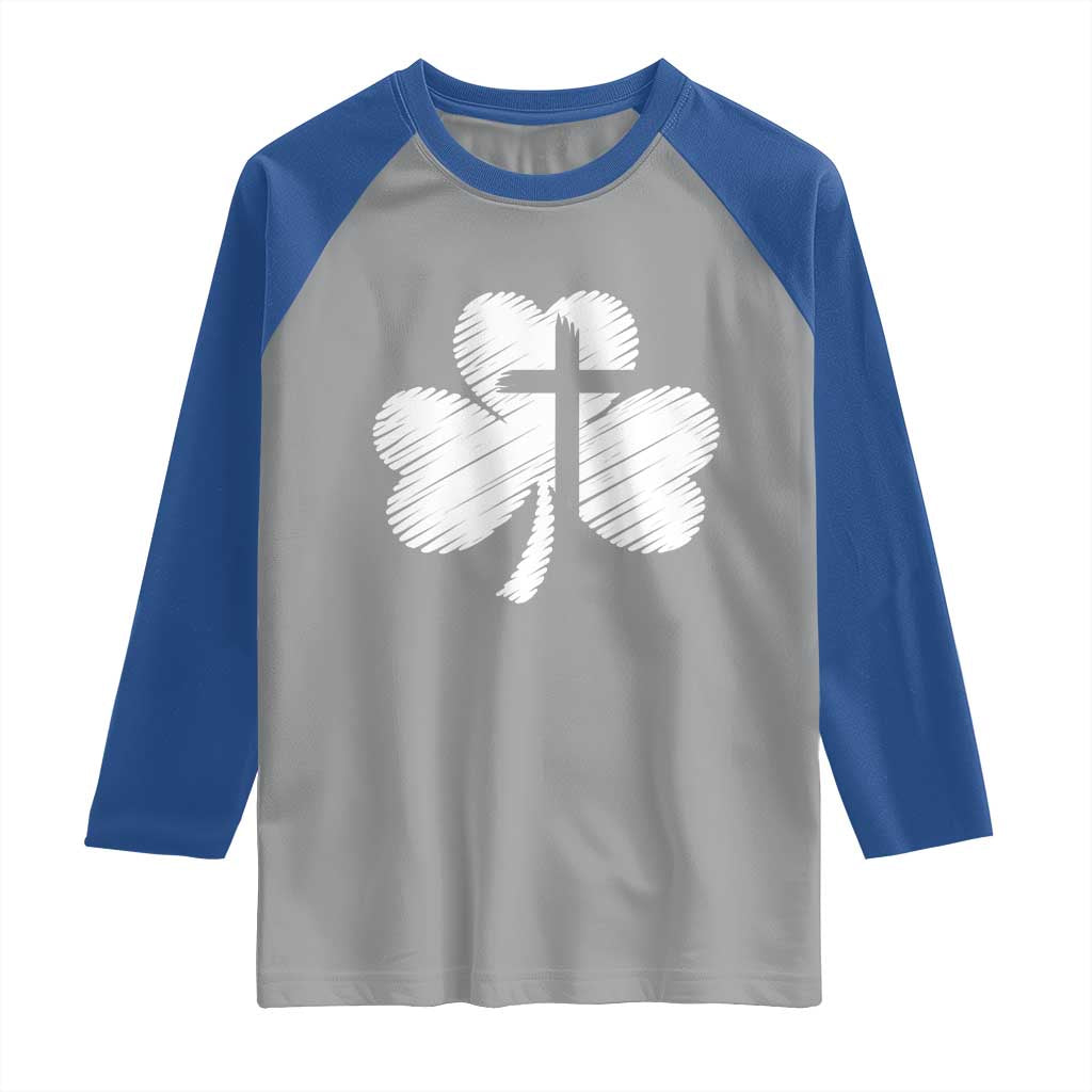 St Patricks Day Christian Religious Shamrock Cross Raglan Shirt