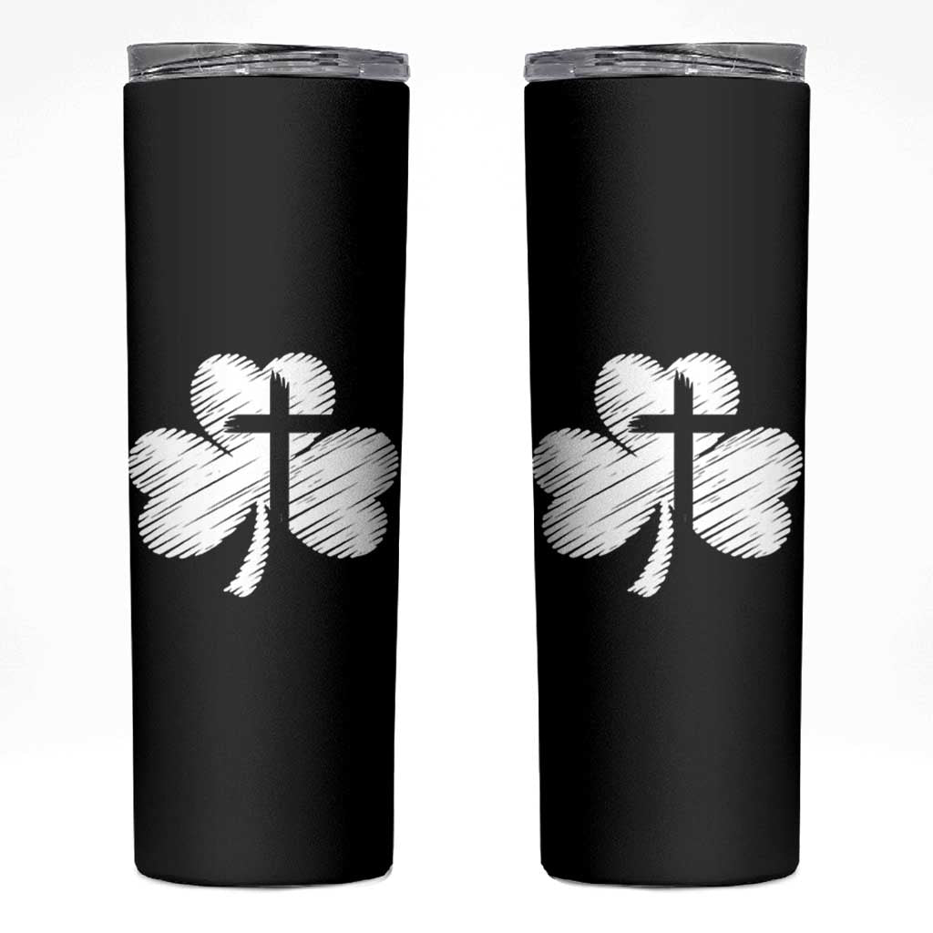 St Patricks Day Christian Religious Shamrock Cross Skinny Tumbler