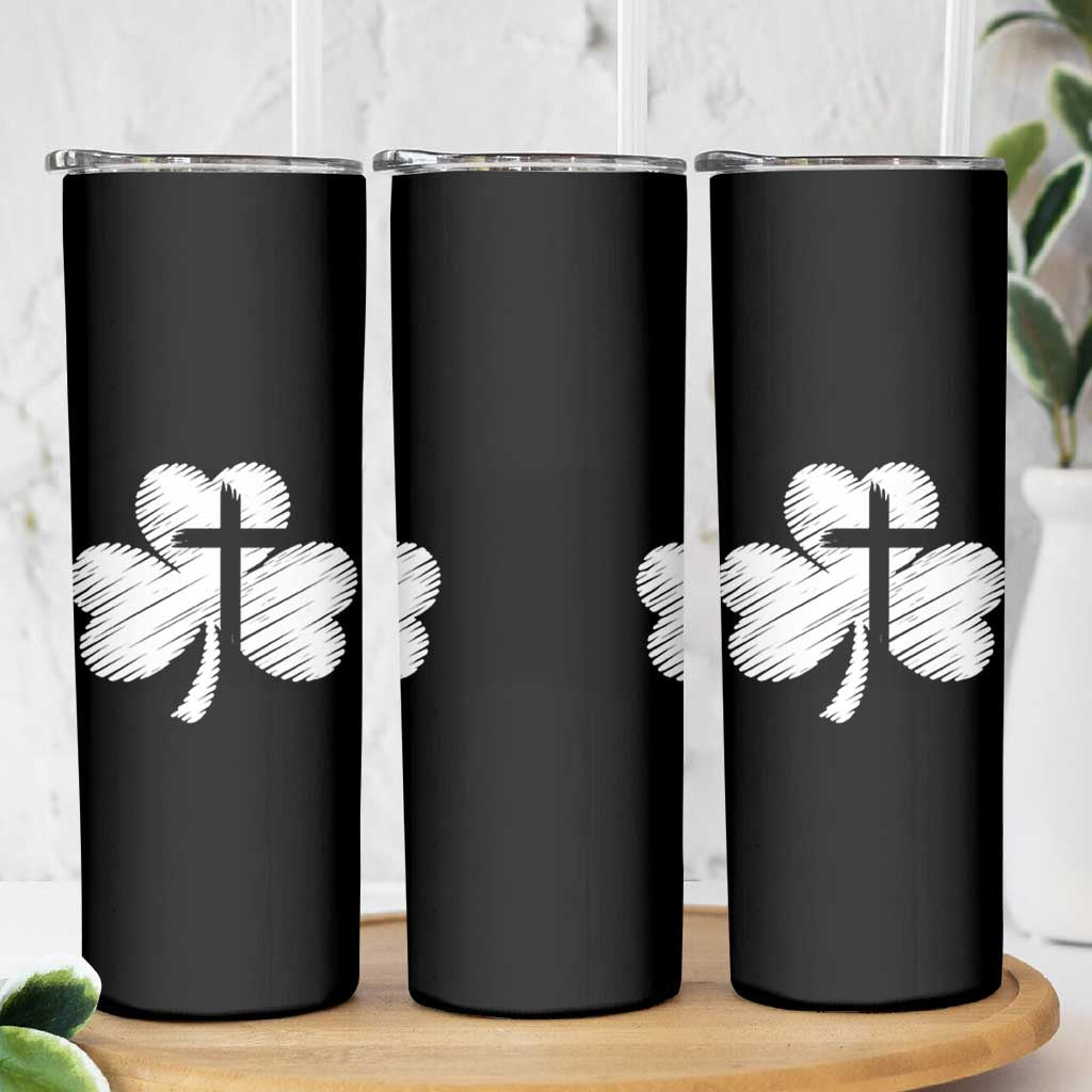 St Patricks Day Christian Religious Shamrock Cross Skinny Tumbler