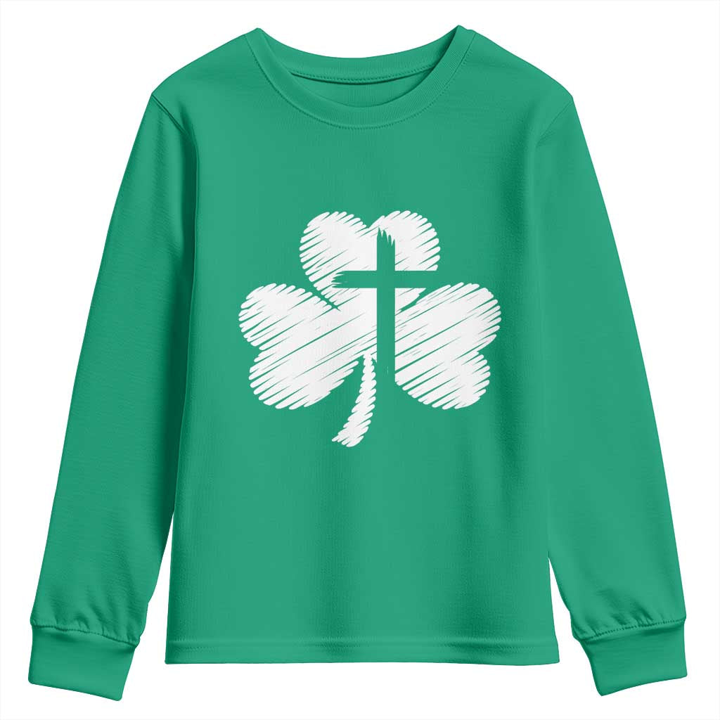 St Patricks Day Christian Religious Shamrock Cross Youth Sweatshirt