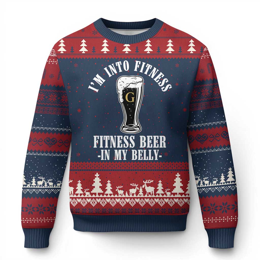 Funny Irish Stout Drinking Ugly Christmas Sweater I Am Into Fitness Fitting Beer In My Belly