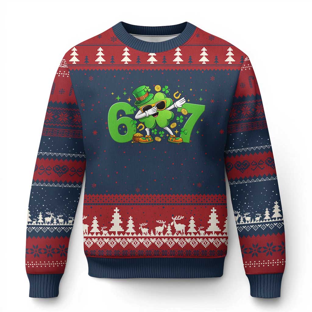 Funny Six Seven 67 St Patricks Day Dabbing Shamrock Ugly Christmas Sweater