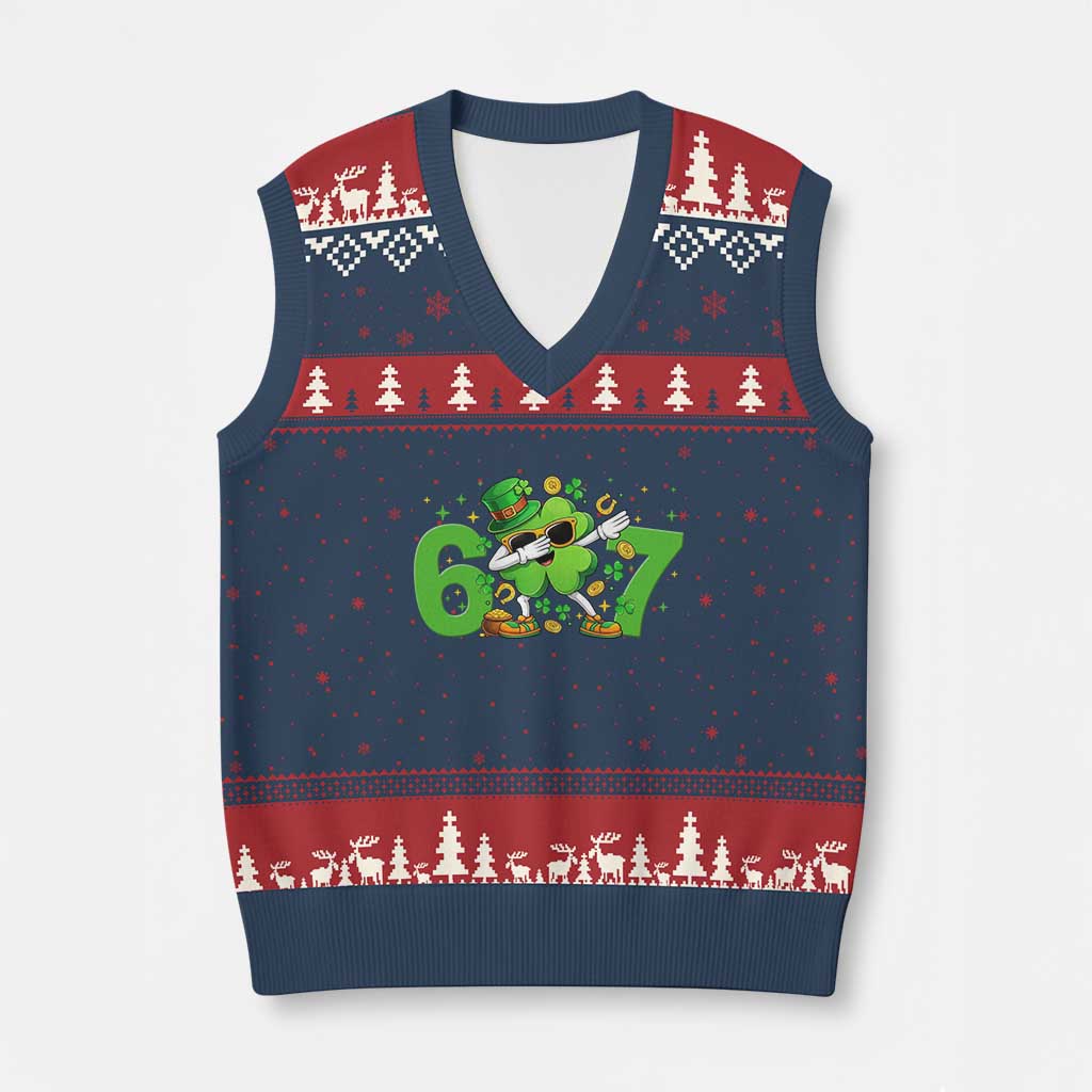 Funny Six Seven 67 St Patricks Day Dabbing Shamrock V-Neck Knit Sweater Vest
