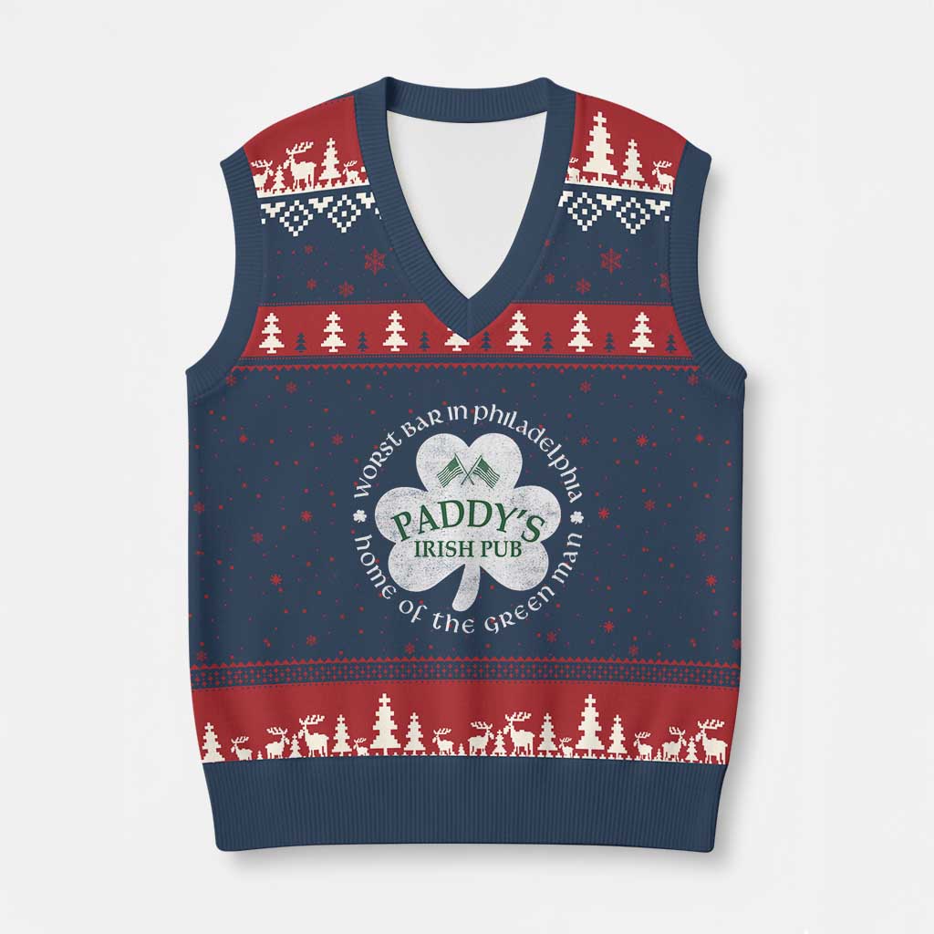 Funny Paddys Irish Pub V-Neck Knit Sweater Vest Worst Bar In Philadelphia St Patricks Day Beer Drinking