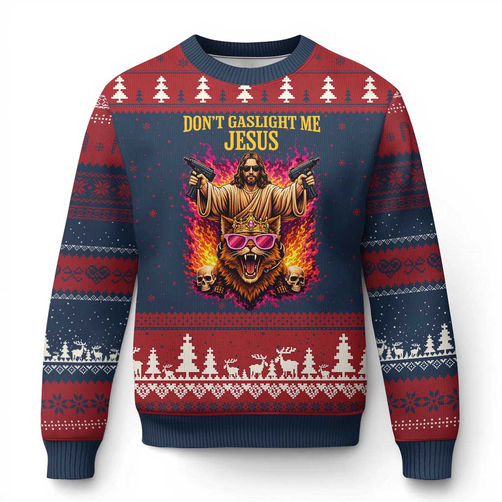 Dont Gaslight Me Jesus Ugly Christmas Sweater Princess Cat Donut Meme Faith Humor
