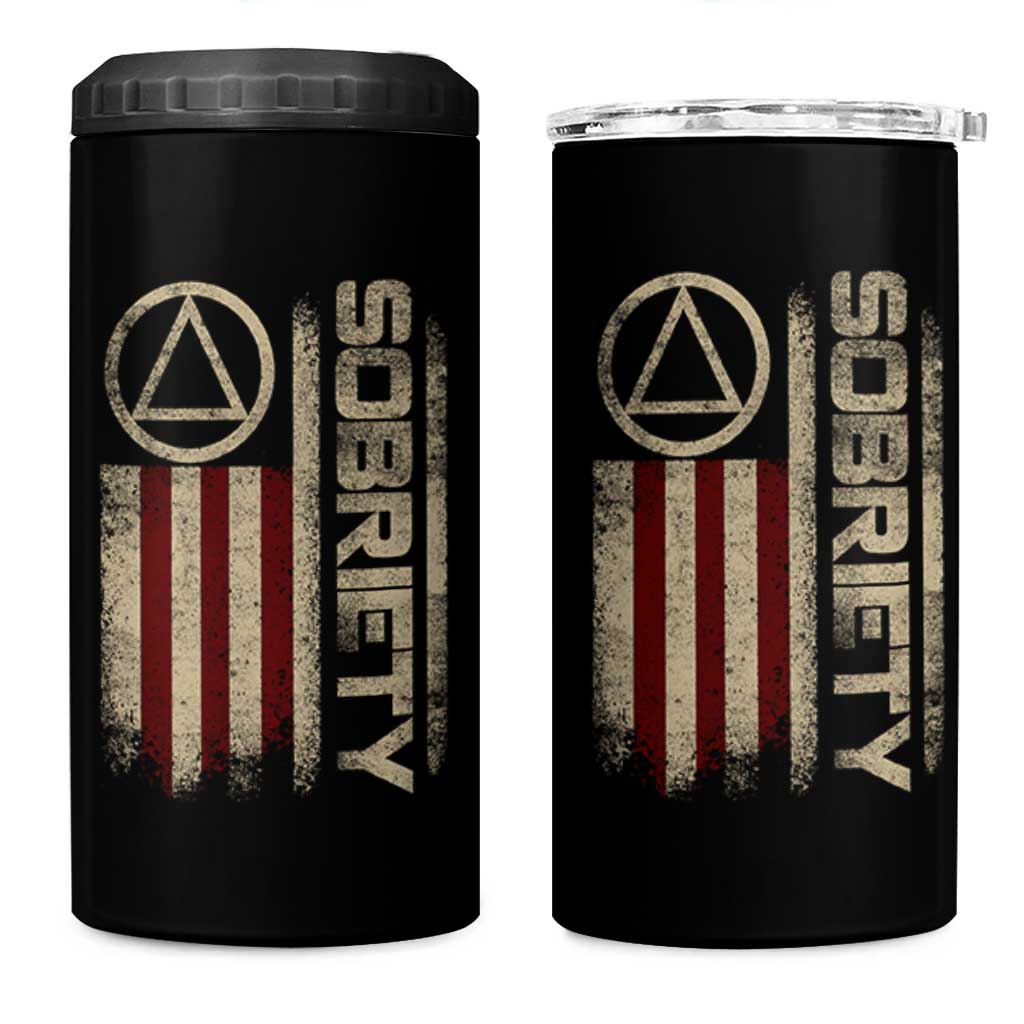 Sober AA NA Sobriety Anniversary 4 in 1 Can Cooler Tumbler Alcoholism Addiction Recovery Vintage American Flag