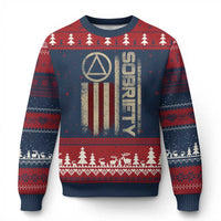 Sober AA NA Sobriety Anniversary Ugly Christmas Sweater Alcoholism Addiction Recovery Vintage American Flag