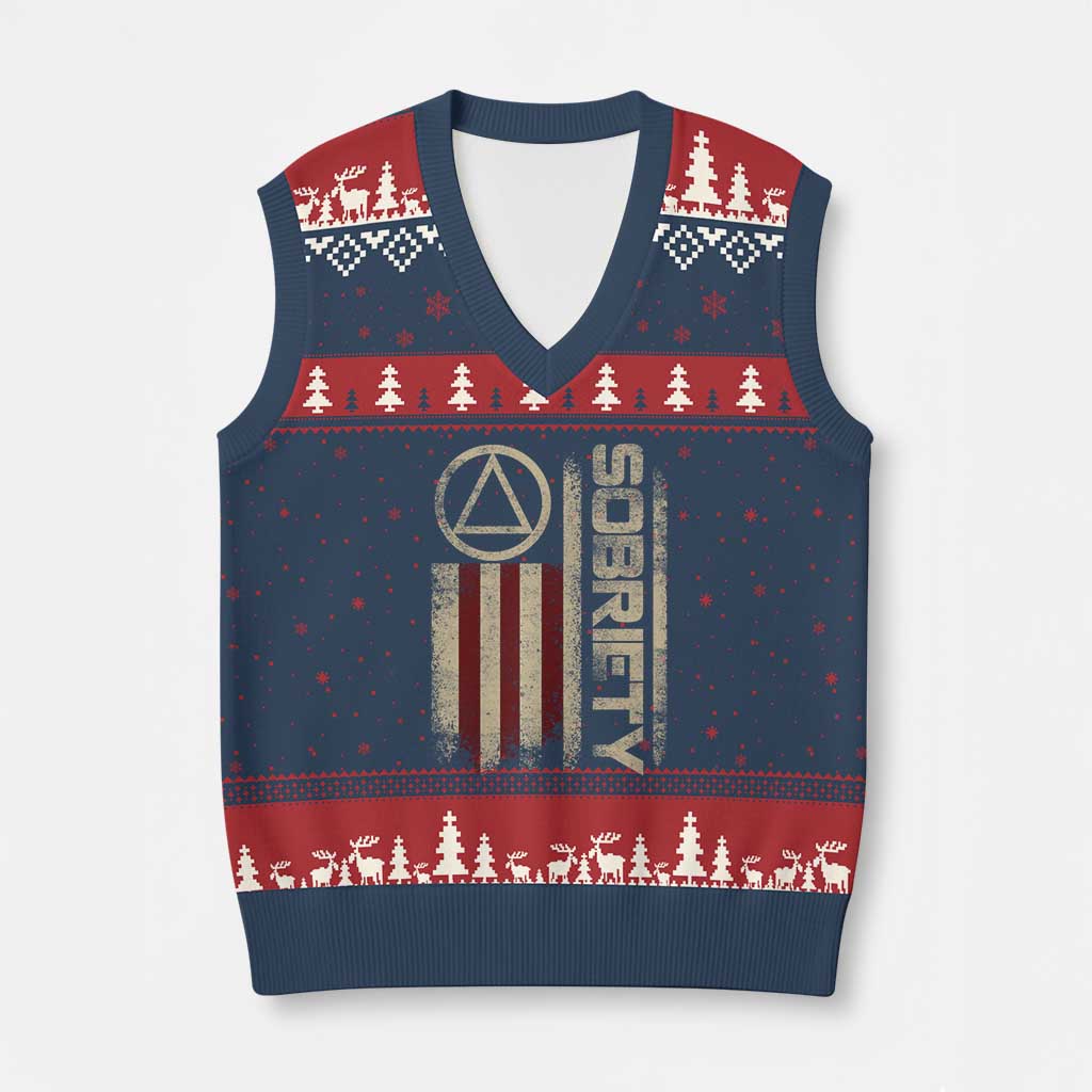 Sober AA NA Sobriety Anniversary V-Neck Knit Sweater Vest Alcoholism Addiction Recovery Vintage American Flag