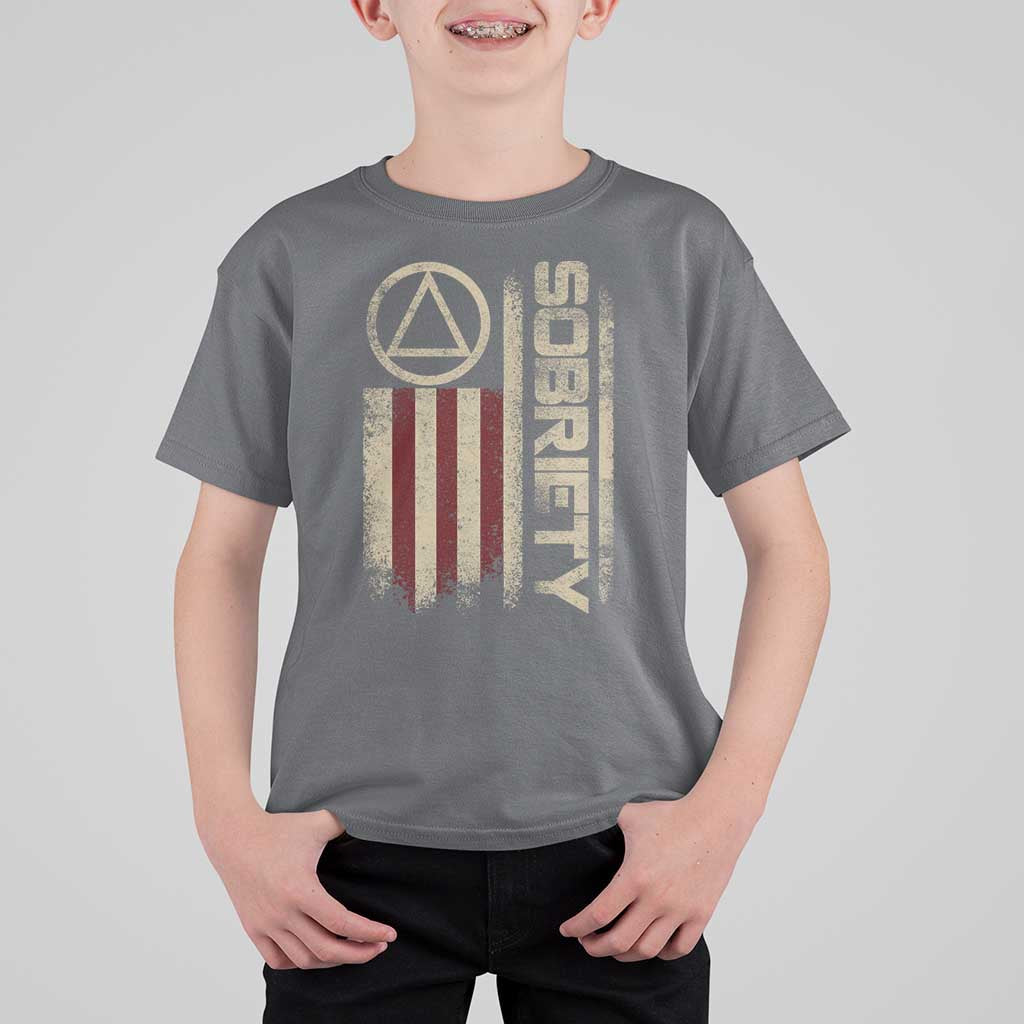 Sober AA NA Sobriety Anniversary T Shirt For Kid Alcoholism Addiction Recovery Vintage American Flag
