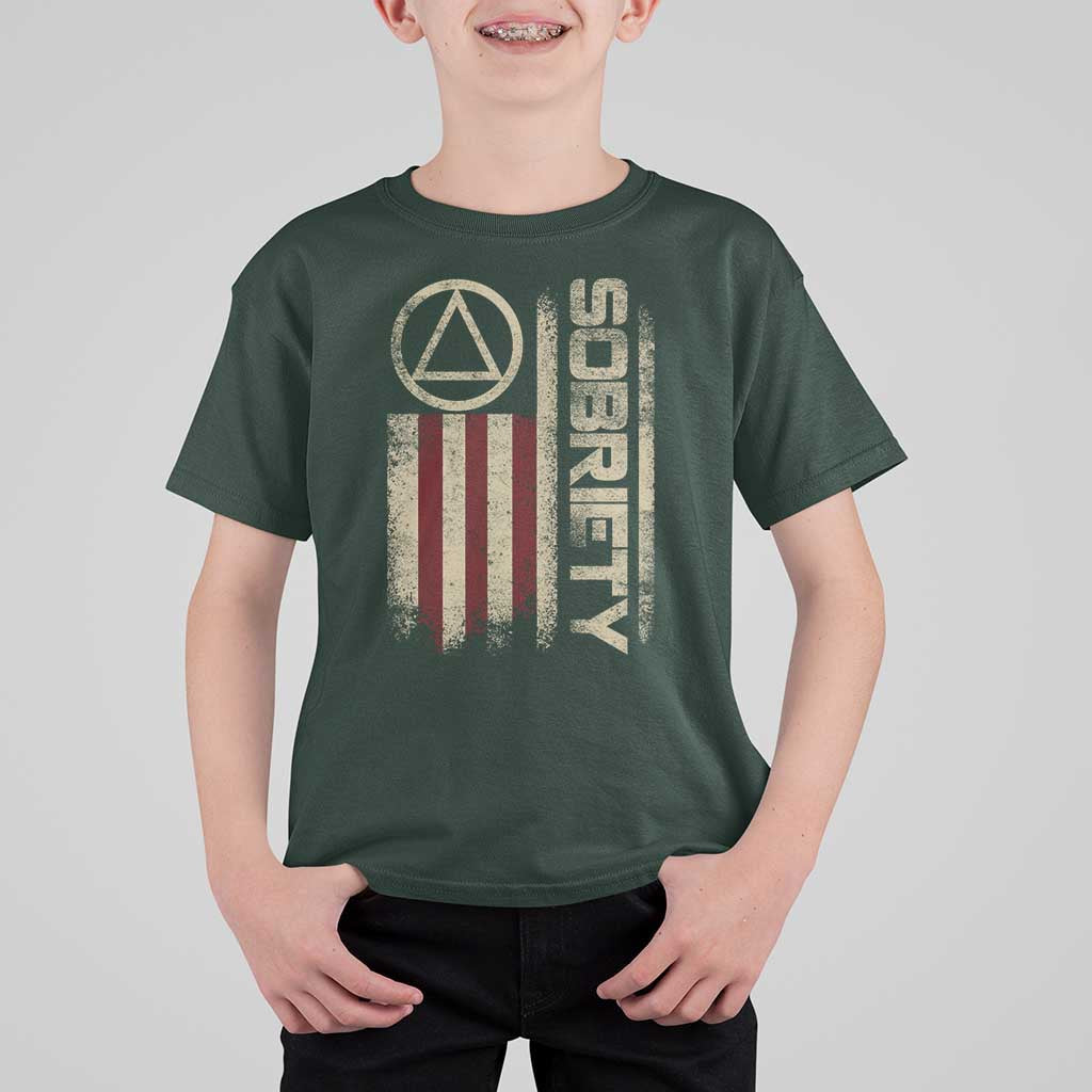 Sober AA NA Sobriety Anniversary T Shirt For Kid Alcoholism Addiction Recovery Vintage American Flag