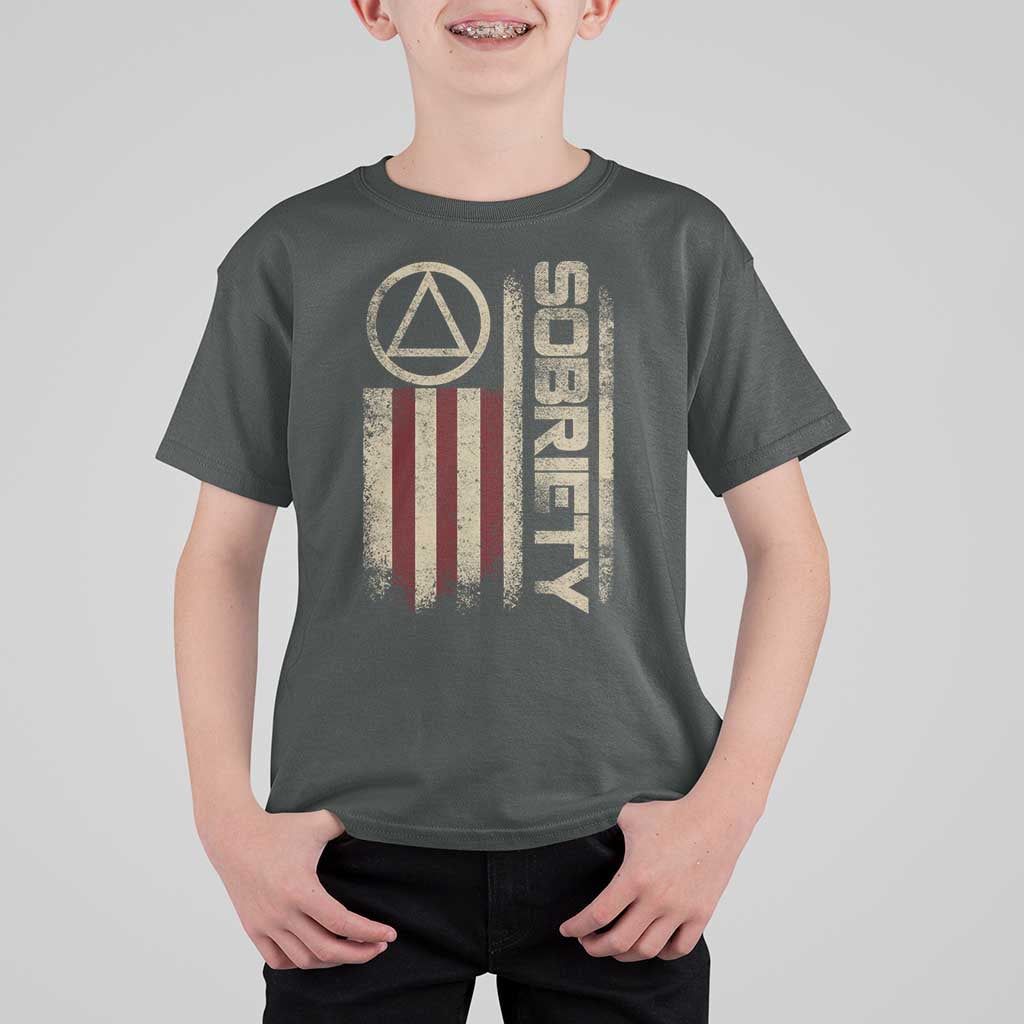 Sober AA NA Sobriety Anniversary T Shirt For Kid Alcoholism Addiction Recovery Vintage American Flag