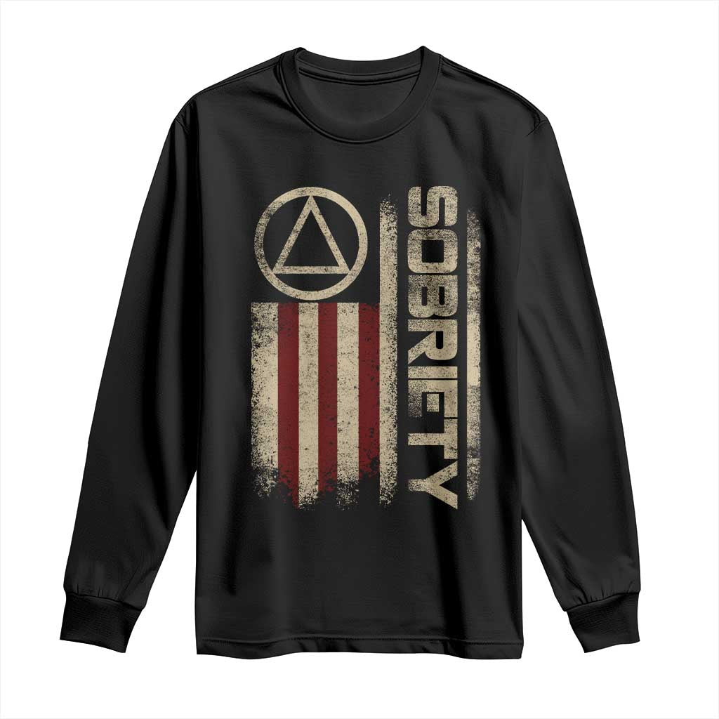 Sober AA NA Sobriety Anniversary Long Sleeve Shirt Alcoholism Addiction Recovery Vintage American Flag