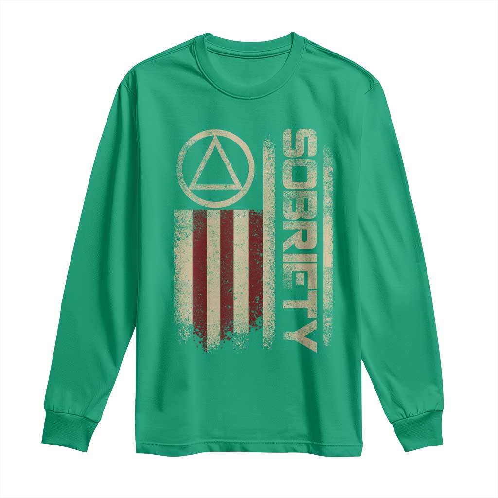 Sober AA NA Sobriety Anniversary Long Sleeve Shirt Alcoholism Addiction Recovery Vintage American Flag